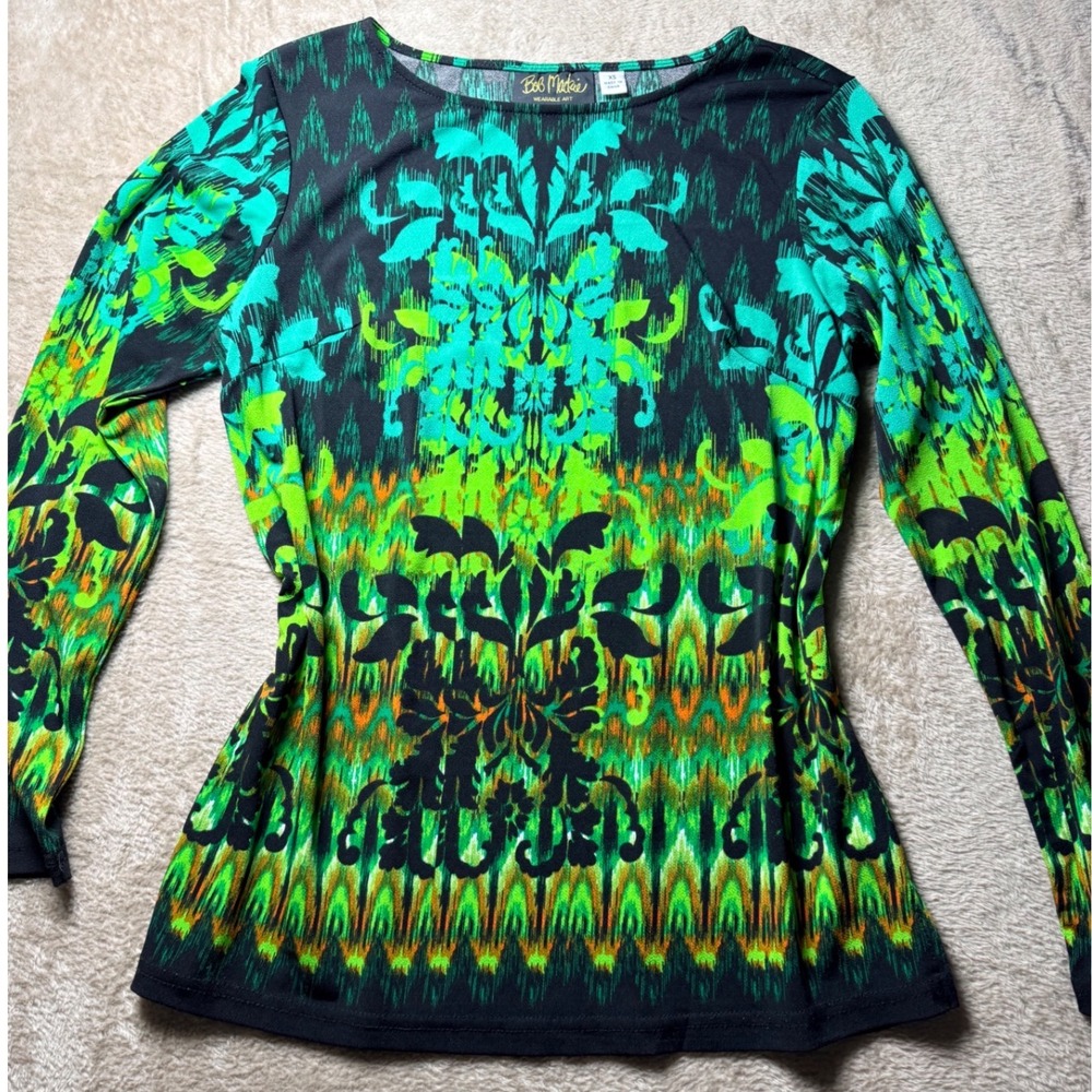 Bob Mackie Wearable Art Womens XS Green Ikat Damask Long Sleeve Top Blouse